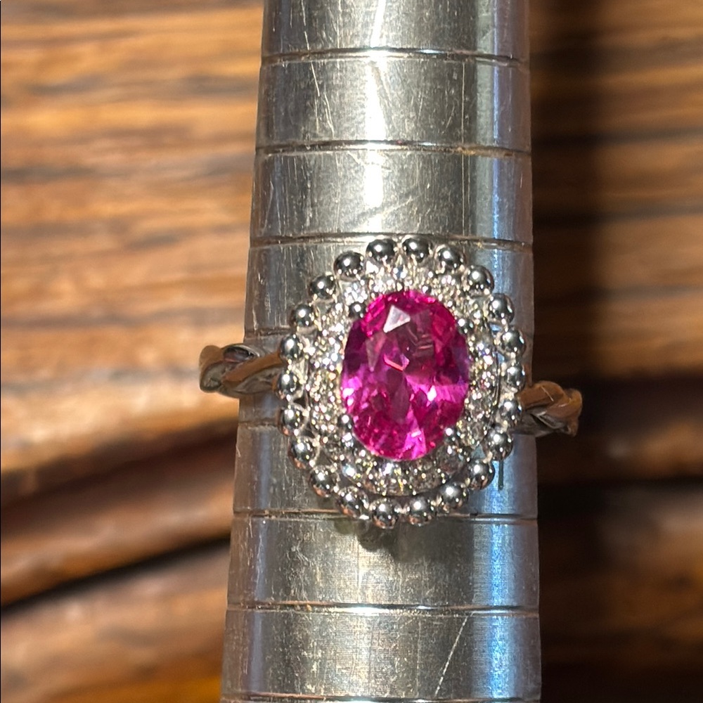 Sterling silver & pink topaz/diamond ring